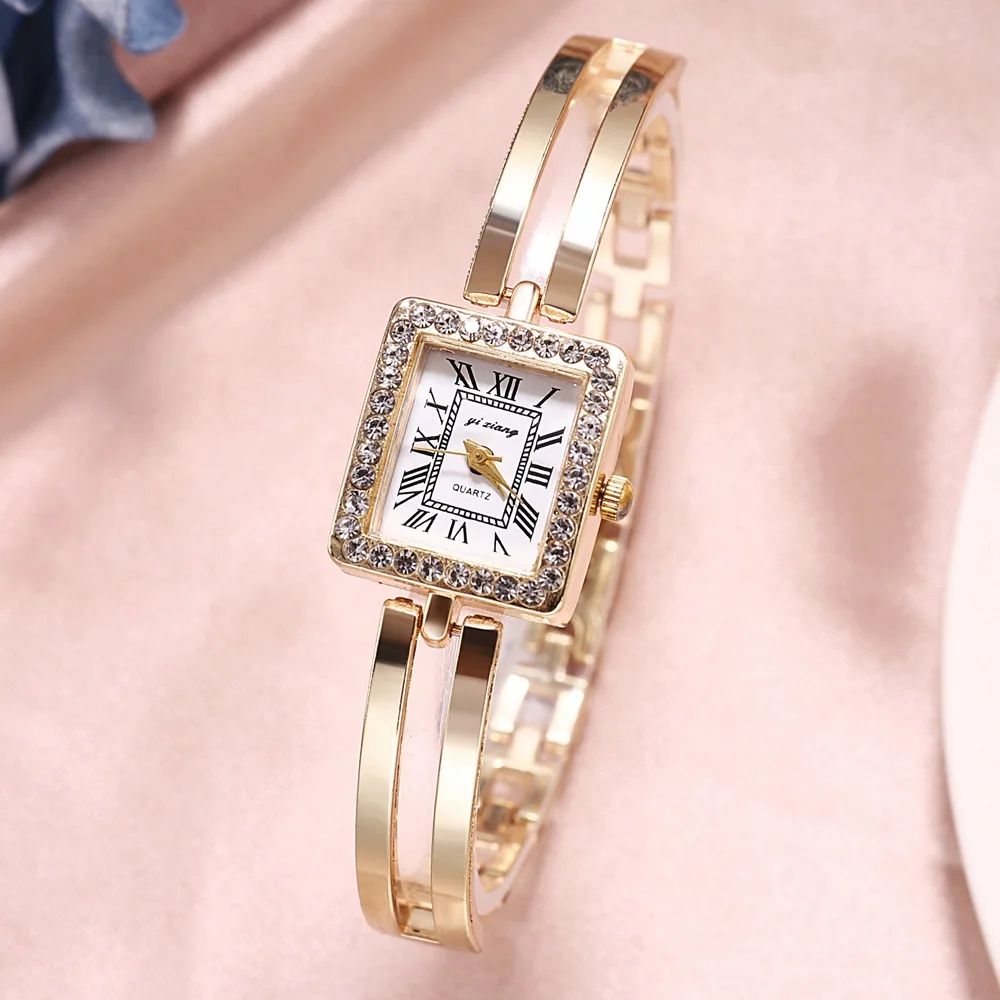 Простые Женские часы Стразы с квадратным циферблатом из нержавеющей стали
