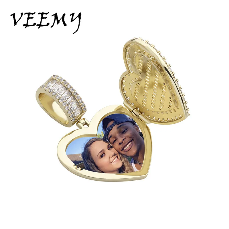 

VEEMY New Heart-shaped Custom Photo Pendant Iced Zircon Cubic Zirconia Can Be Opened Pendant Hip Hop Fashion Jewelry