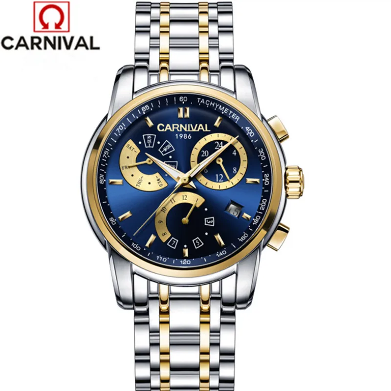 

Carnival Original Brand Men Cool Full Steel Wrist watch Automatic Self-wind Mechanical Watches Calendar Workable 6 Hands Analog
