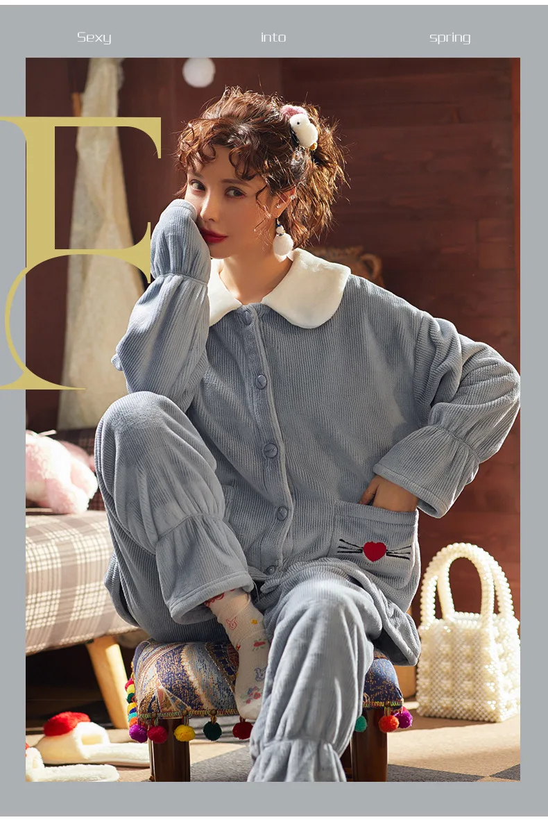 Fdfklak Коралловая флисовая Пижама осень зима плюс бархат Дамы фланель домашний