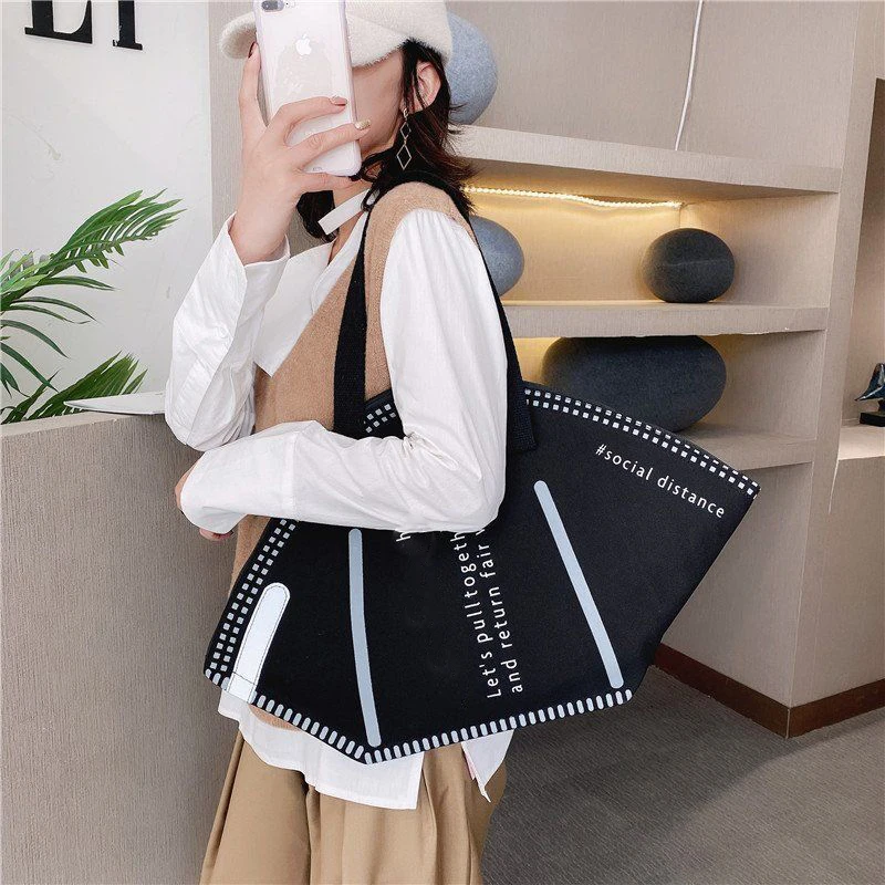 

New Fashion Women Large Mask Shopping Bag Canvas Shoulder Bag Home Storage Bag
