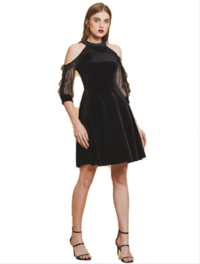

Woman Dress Office Lady Sexy Off-The-Shoulder Velvet Dress Women Elegant Fashion Solid Slim Sheath Lace Sleeve Dress for Women