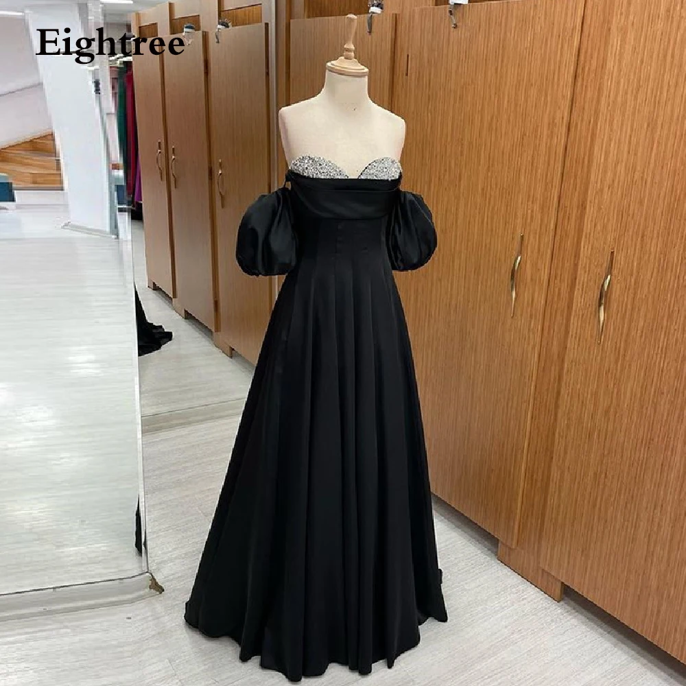 

Eightree New Black Shiny Sequines Long A Line Evening Dresses Sweetheart Short Sleeves Prom Party Gowns Dress Formal Night Dress