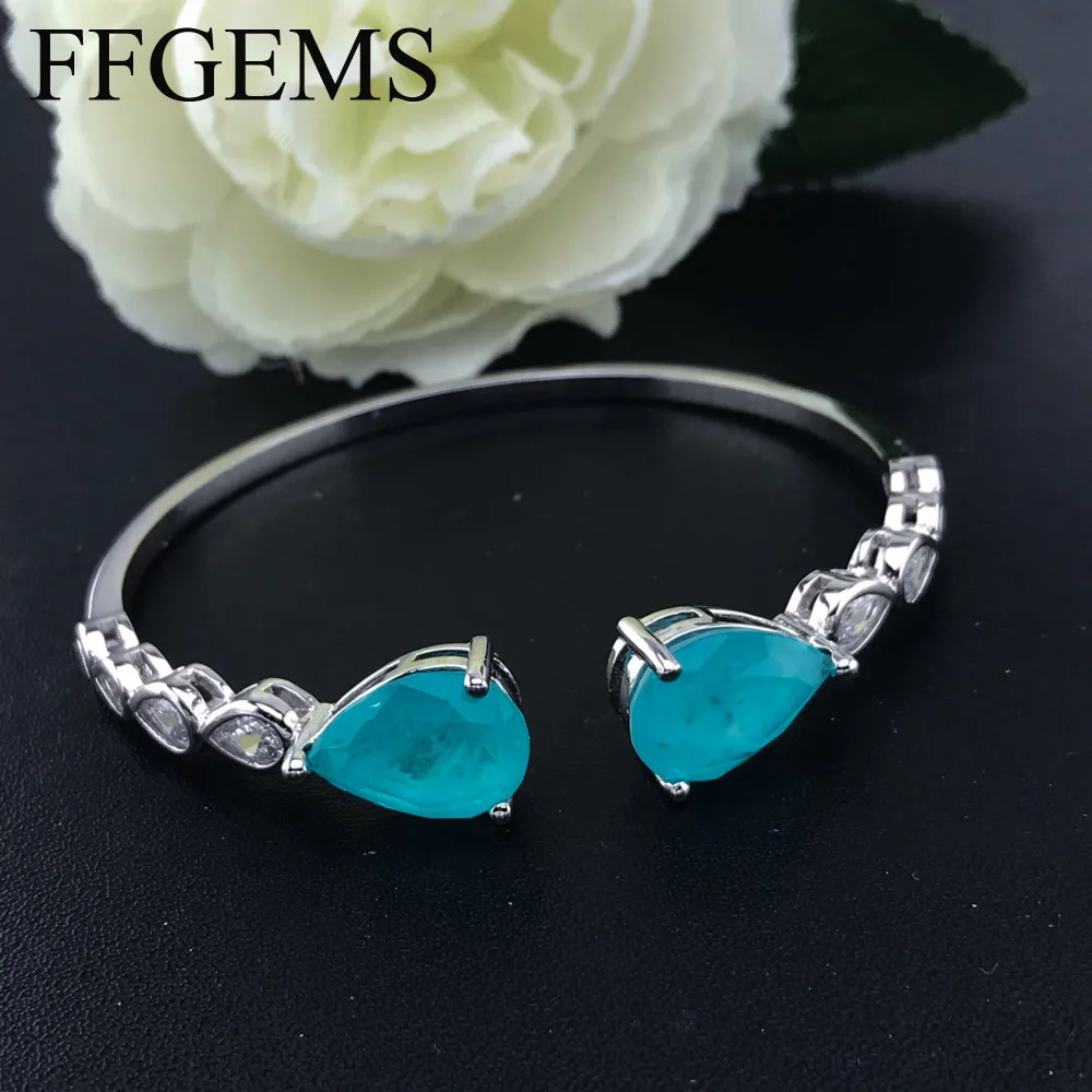 

FFGEMS Paraiba Tourmaline Emerald Gemstone Bangle Bracelet Silver White Gold Color Fine Jewelry For Women Girl Gift Wholesale