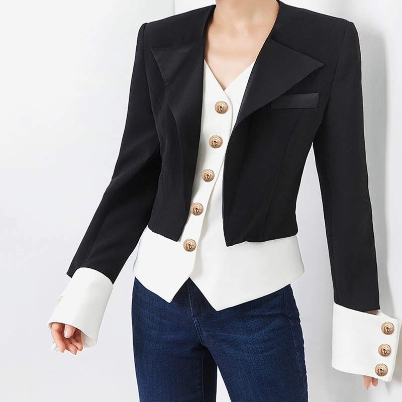 TWOTWINSTYLE Patchwork Hit Color Women's Coat V Neck Long Sleeve Single Breasted Korean Women's Autumn Jackets Fashion New