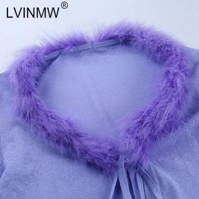 LVINMW Сексуальная меховая Лоскутная футболка с v-образным вырезом и бантом на