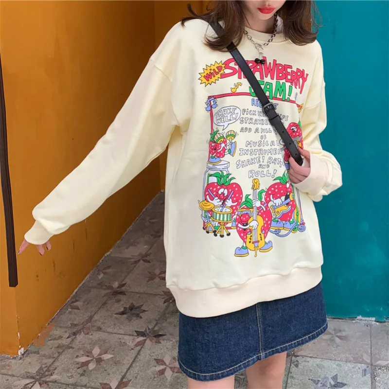 

2021 New Harajuku Retro Top Strawberry Print Hoodie Women Loose Streetwear Sweatshirt American Retro Oversized Pullover BB-217
