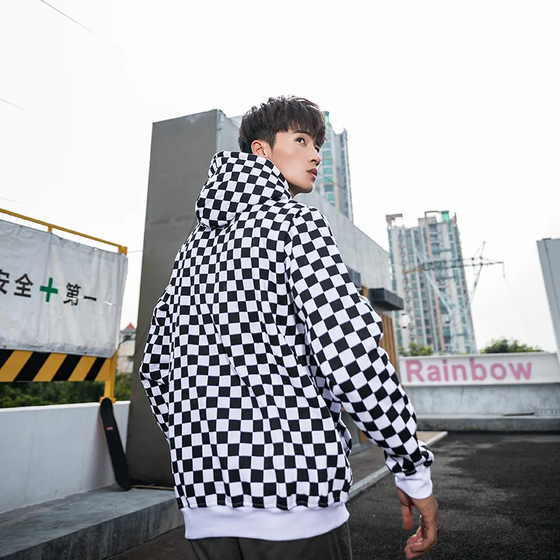 

Black and White Check Hoodie for Men and Women Popular Logo Hip-hop Winter Velvet Thickened Pullover Hoodie