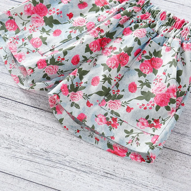 

1-6T Summer Baby Kids Girl Clothes Children Casual Black Vest Top + High Waist Floral Shorts Two Piece Sets