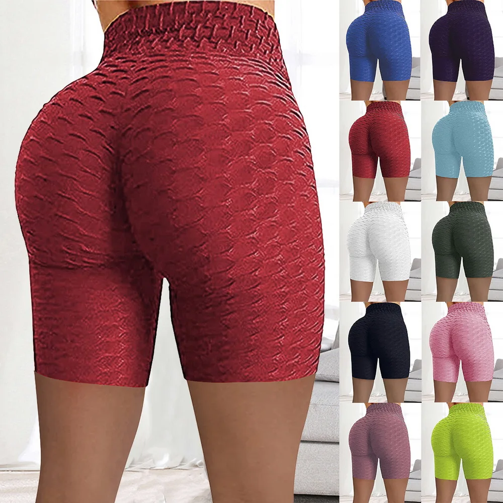 

Women Summer Knit Shorts High Waist Hip Tight Leggings Stretch Running Fitness Short Pants Wrinkled Sexy Biker Shorts