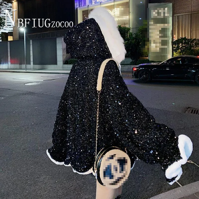 Женское пальто с воротником из искусственного меха и блестками зимняя подкладка