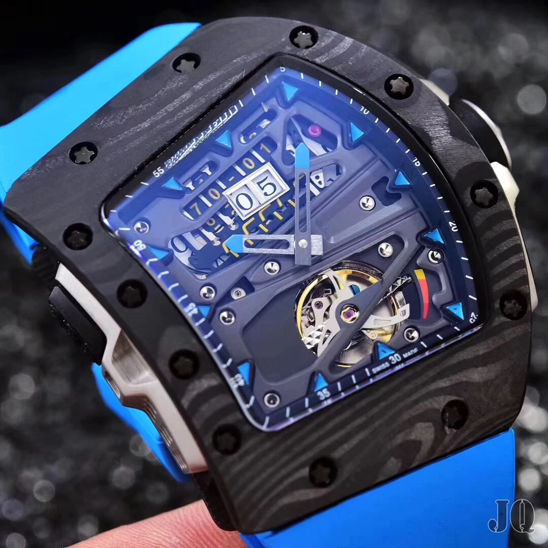 

New Men Automatic Mechanical Red Black Blue Rubber Bracelet Watches Tourbillion Limited Sapphire Glass Back Carbon Fiber