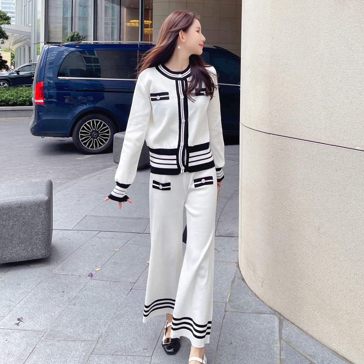 

JSXDHK Elegant Autumn Knitted Sweater 2 Piece Set Women Hit Clor Striped Button White Cardigan Top + Female Wide Leg Pants Suits