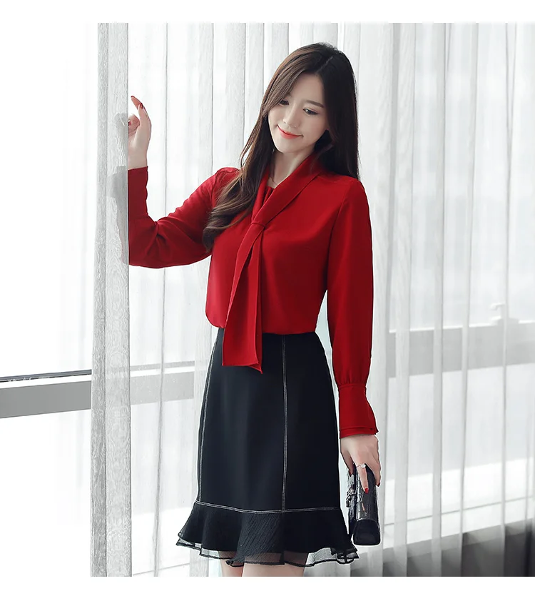 Женская блузка, офисный Топ с длинным рукавом, шифоновая блузка, blusas femininas elegante, с бантом, однотонная, с v-образным вырезом, красная одежда, женские топы 0412