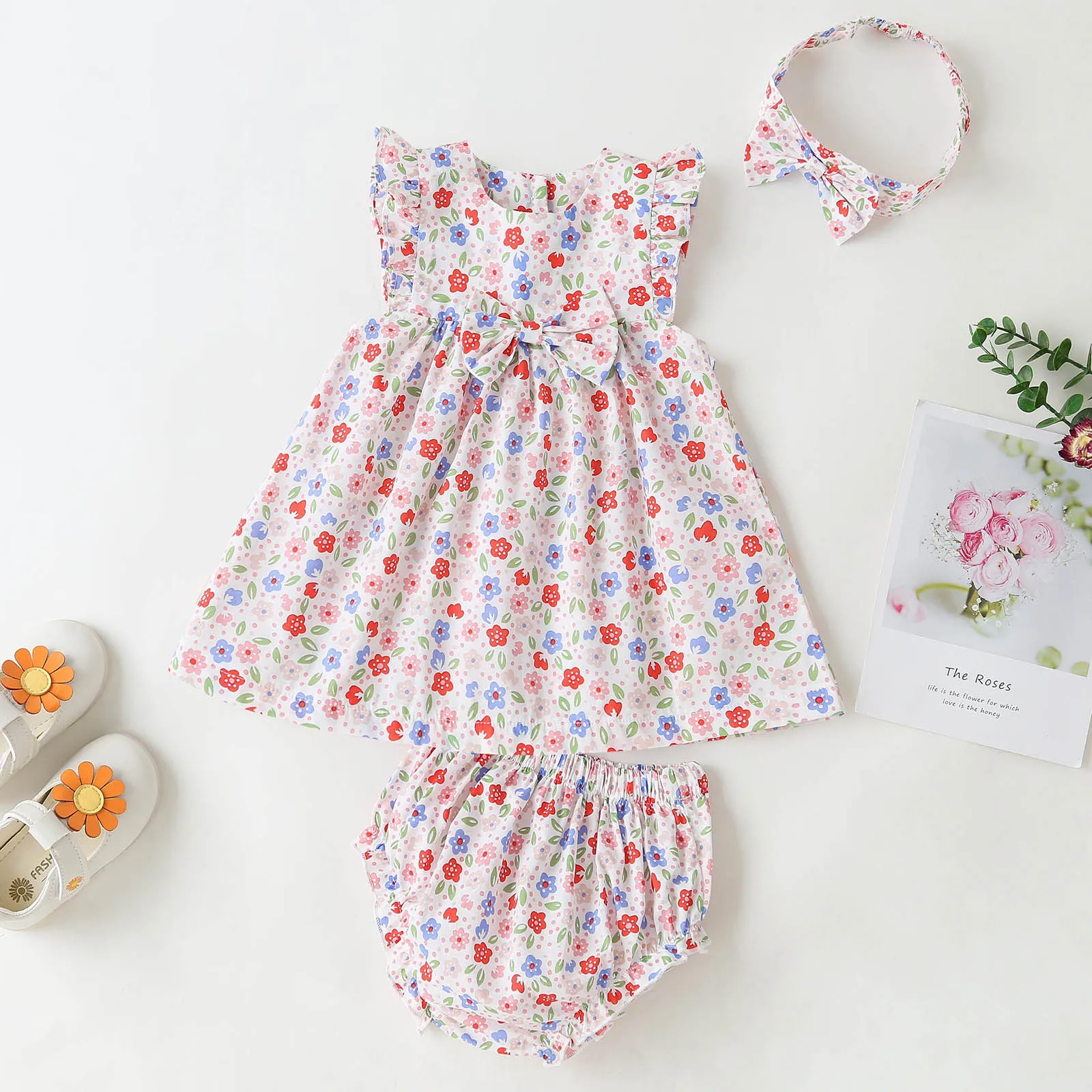 

Newborn Sets Baby Girl Clothes Infant Baby Girls Ruched Floral Tops Shorts Hairband Clothes Outfits Set vetement enfant fille