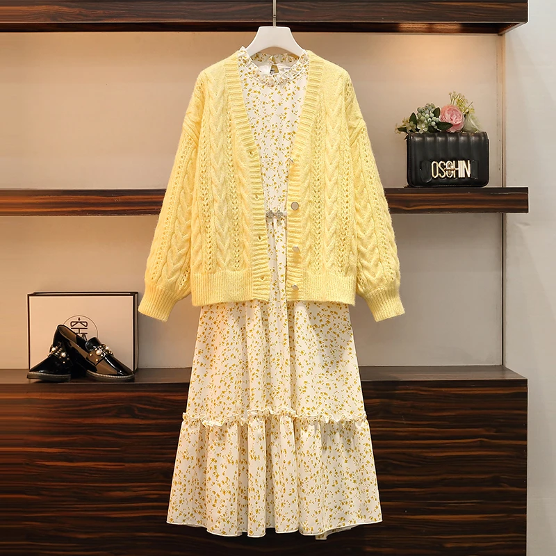 

Plus Size Dress Suit New Autumn Two Piece Sets Women Dress+Suits Casual Loose Elegant Long Sleeve Printing Dresses Suit Coat big