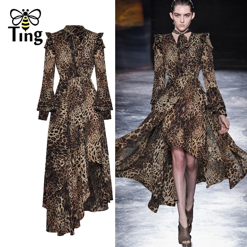 Женское платье с леопардовым принтом длинным рукавом и оборками|Женские платья| |