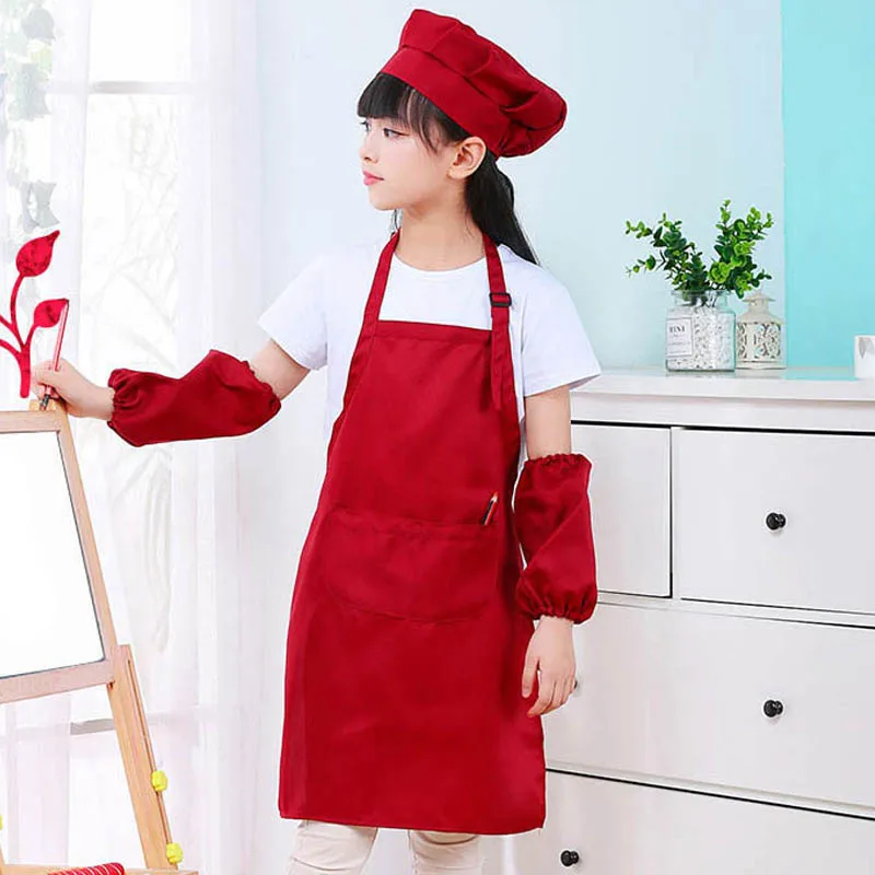 

Children Kids Aprons Pocket Adjustable Chefs Kitchen Cooking Hat Sleeve Craft Art Plain Painting Apron