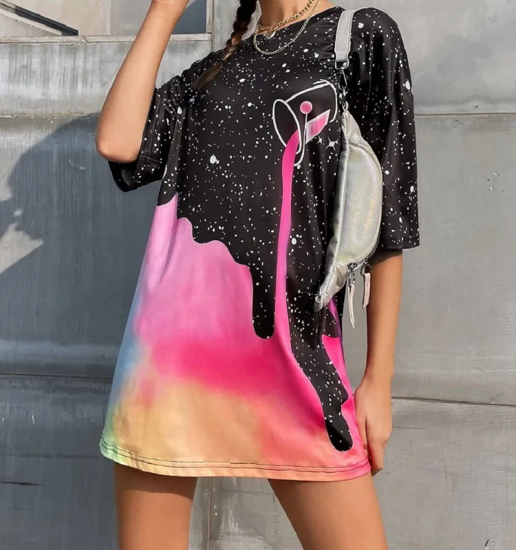 

2021 the new dress colour printed tie-dye fashion round collar female T-shirt