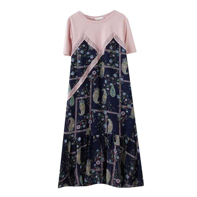 

BIG SIZE Summer Women Fashion Elegant Flower Print Lace Spliced Tops Ladies Female Plus Large Long Chiffon Ruffles Casual Dress