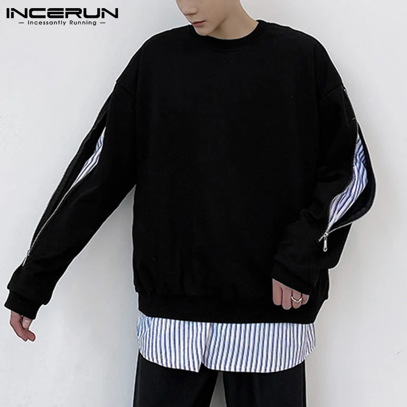 

Men Hoodies Striped Patchwork 2022 Streetwear Fake Two Pieces Long Sleeve Sweatshirts Zipper Loose Casual Pullover INCERUN S-5XL
