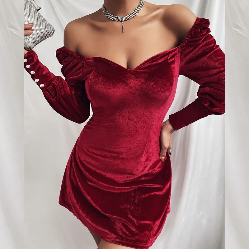 

Sexy Short Hip Dress For Women 2021 New Casual Solid Color Slash Neck Velvet Full Sleeve Lady Strapless Dresses