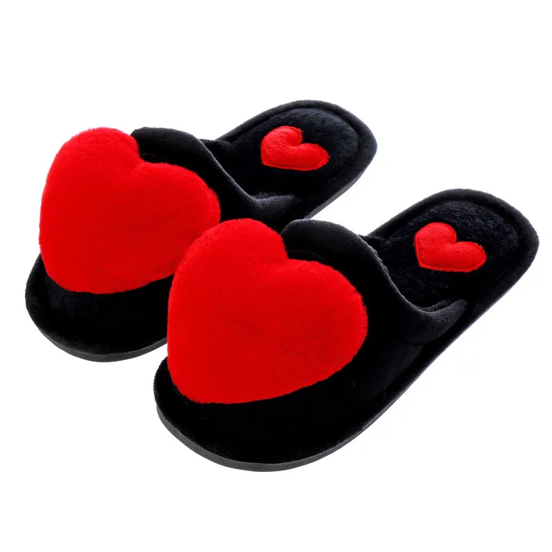 

Cute Women Slippers Love Heart Cotton Slippers Winter Fur Slides Ladies Home Furry Slippers Warm Indoor House Shoes