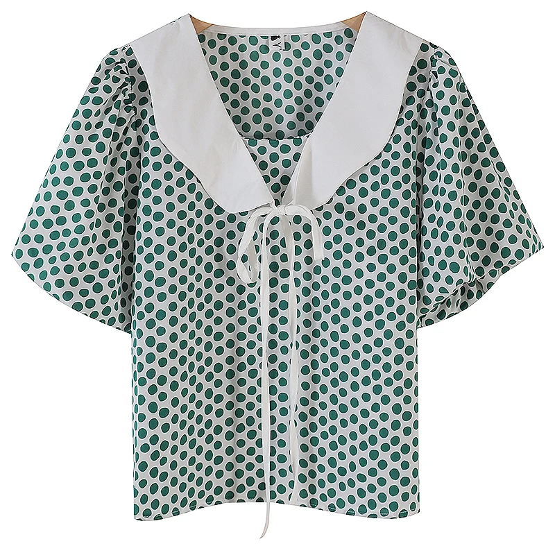 

Fitaylor New Summer Female Sweet Polka Dot Peter Pan Collar Short Shirts Women Casual Puff Sleeve Lace-up Bow High Waist Tops