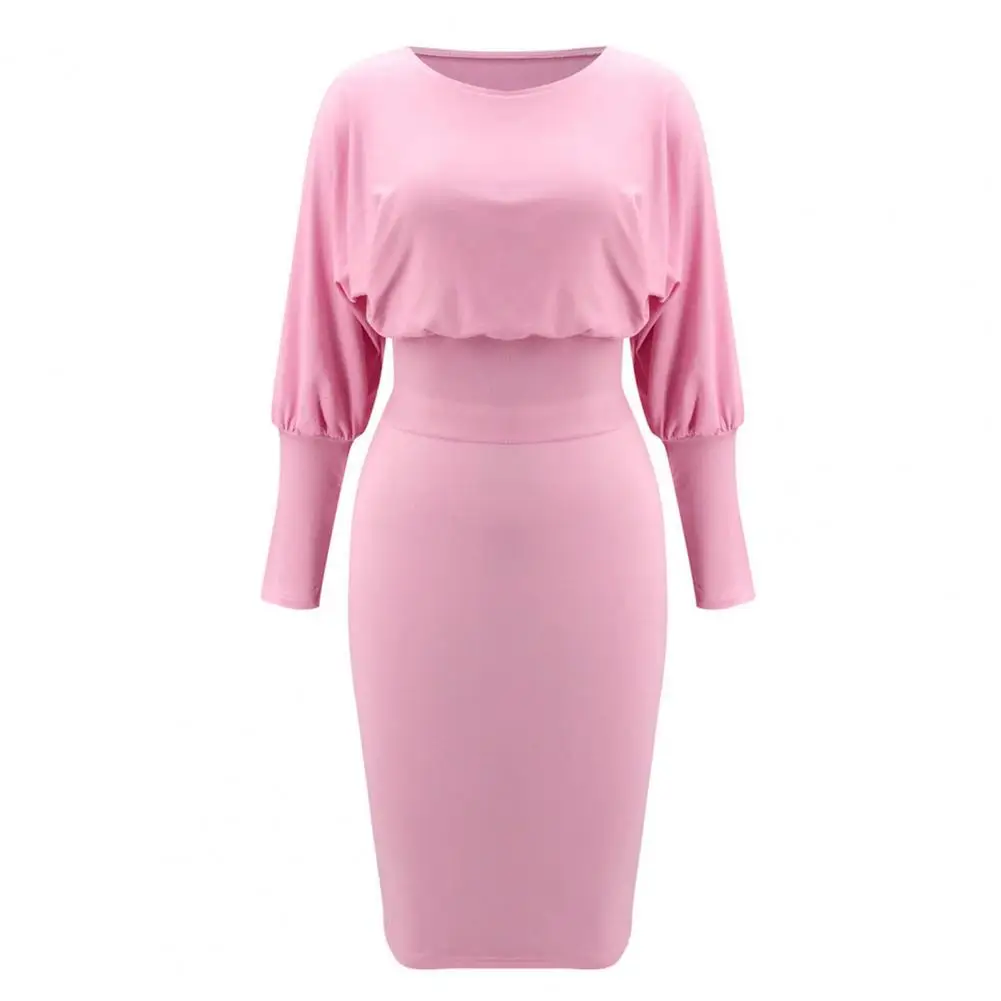 

Elegant Women Dress Solid Color Long Sleeve O Neck Dress for Women Waist Tight Knee-Length Dress Women Midi Dress Vestidos Femme