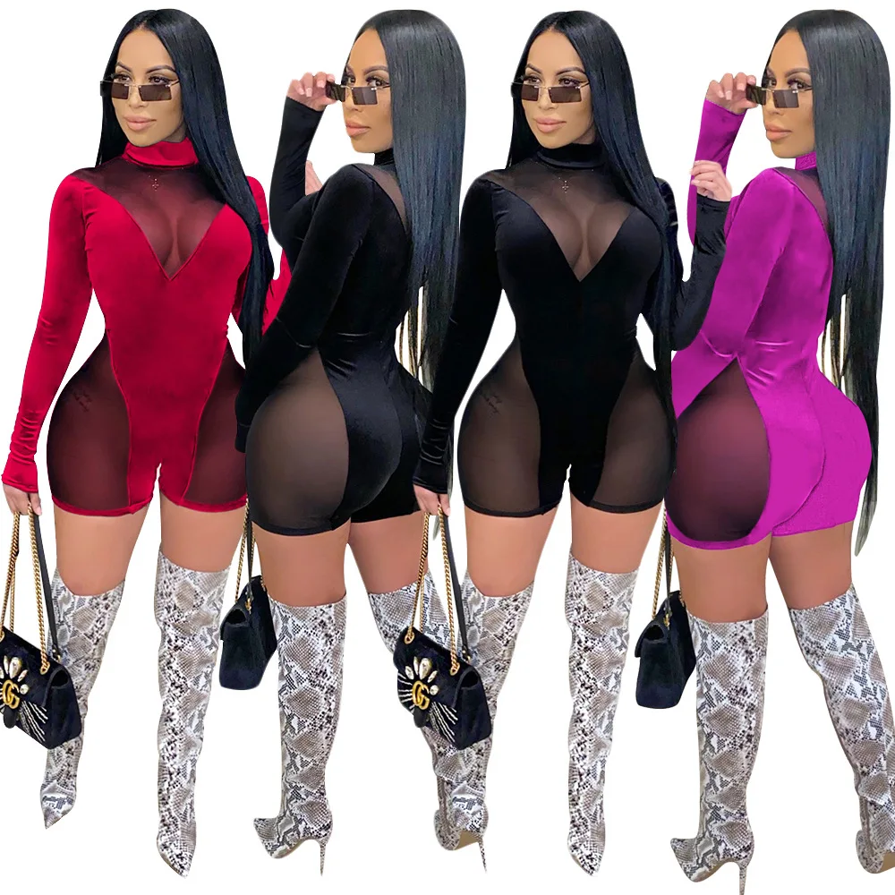 

Spring And Autumn New Sexy Women's Wear Fashion Mesh Perspective Mosaic Deep V Jumpsuit Club Clothing