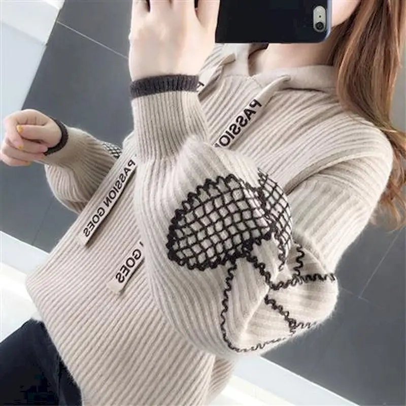 

Jacquard Knitted Hoodies Womens Hoodies Loose Pullover Outer Wear Fall/Winter 2022 New Korean Lantern Sleeve Hooded Sweater Goth
