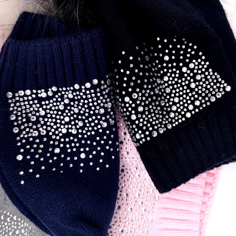 Хлопковые вязаные шапки и для новорожденных девочек стразы детей с помпоном из