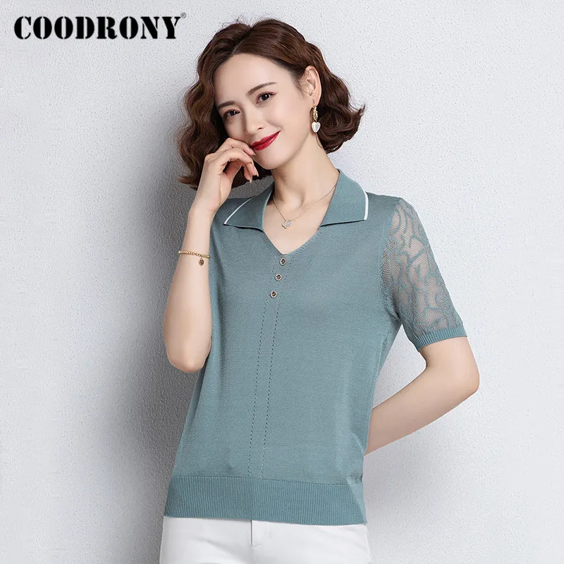 

COODRONY Brand 2021 Business Casual Soft Slim Women's Solid Color Tops Elegant Fashion Female Summer Knitted T-Shirts W5038S