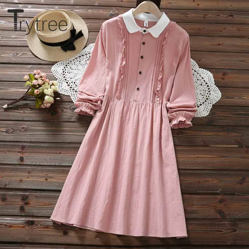 Trytree/осеннее женское платье повседневное однотонное с отложным воротником