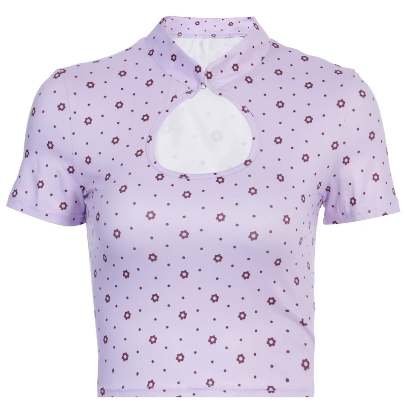 

E-girl Summer Hollow Out Front Floral Cropped Tops Y2K Vintage O-neck Short Sleeve Flowers Purple T-shirts Streetwear Mujer