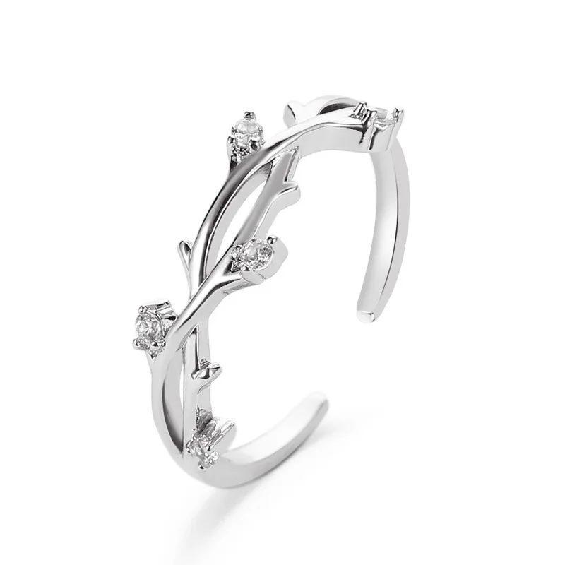 

YUNAO Jewelry Small Fresh Ring Art Fan With Diamond Branch Opening Single Ring Creative Cross Rattan Adjustable Ring