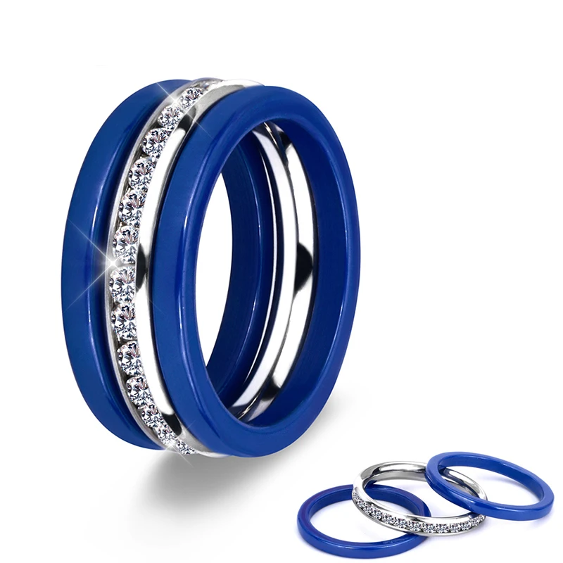 

Синее стильное керамическое кольцо для женщин, серебряное кольцо стразы, кольцо на палец, ювелирные изделия из нержавеющей стали, подарки д...
