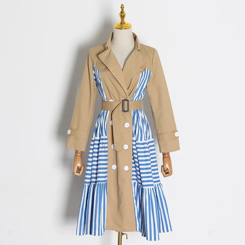 

Cotton Striped Spliced Women Trench Coats With Belt Turn-down Collar Double Breasted Lady Overcoats Size S-XL Free Shipping