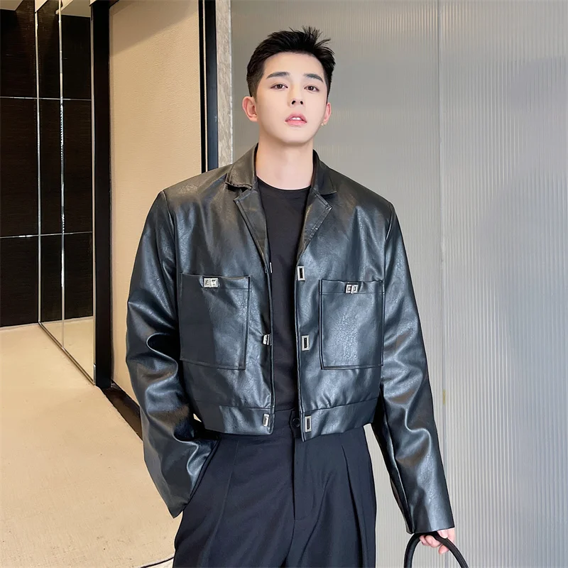 Men Vintage Loose Casual Leather Short Motorcycle Jacket Male Korean Streetwear Trend Fashion Metal Button Leather Suit Coat