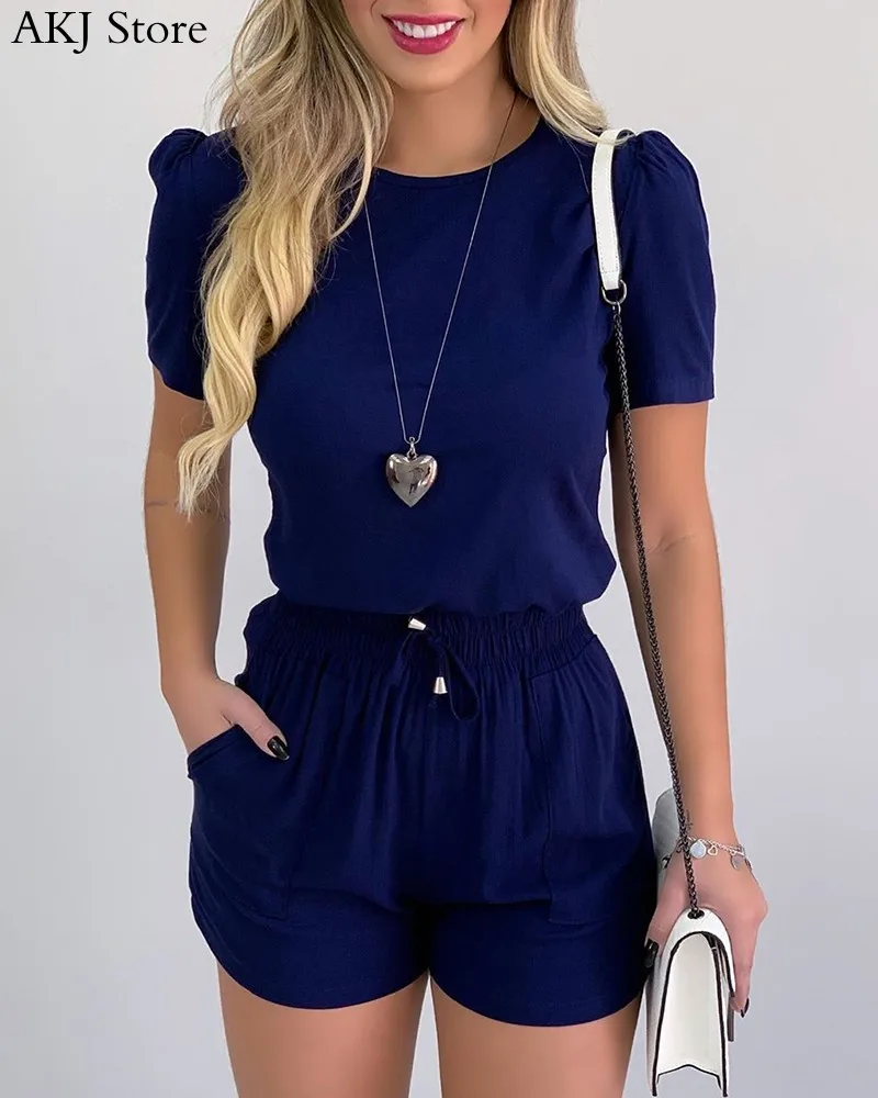 

Women 2 Pcs Puff Sleeve Casual Top & Drawstring Shorts Set