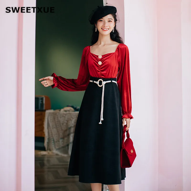 SWEETXUE 2019 осенне зимний костюм сексуальный квадратный воротник короткая бархатная