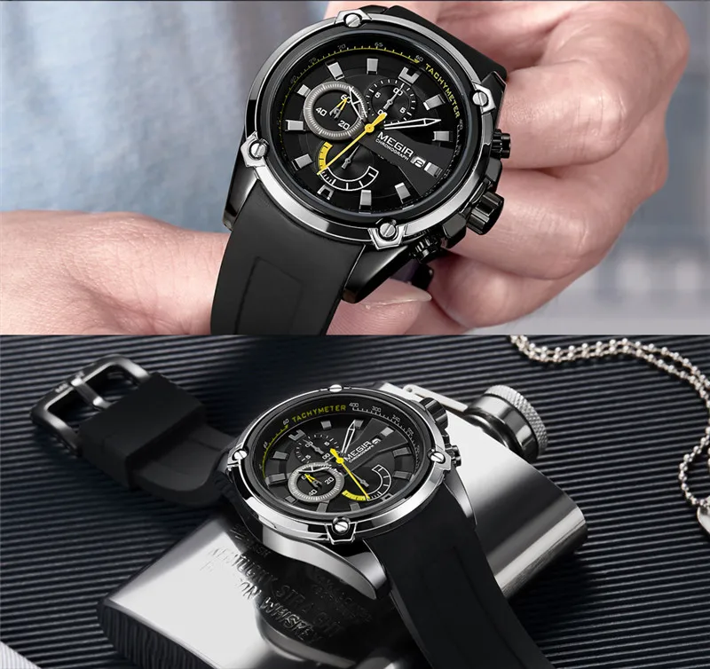 Мужские наручные часы MEGIR черные с хронографом резиновым ремешком и датой 2086|box