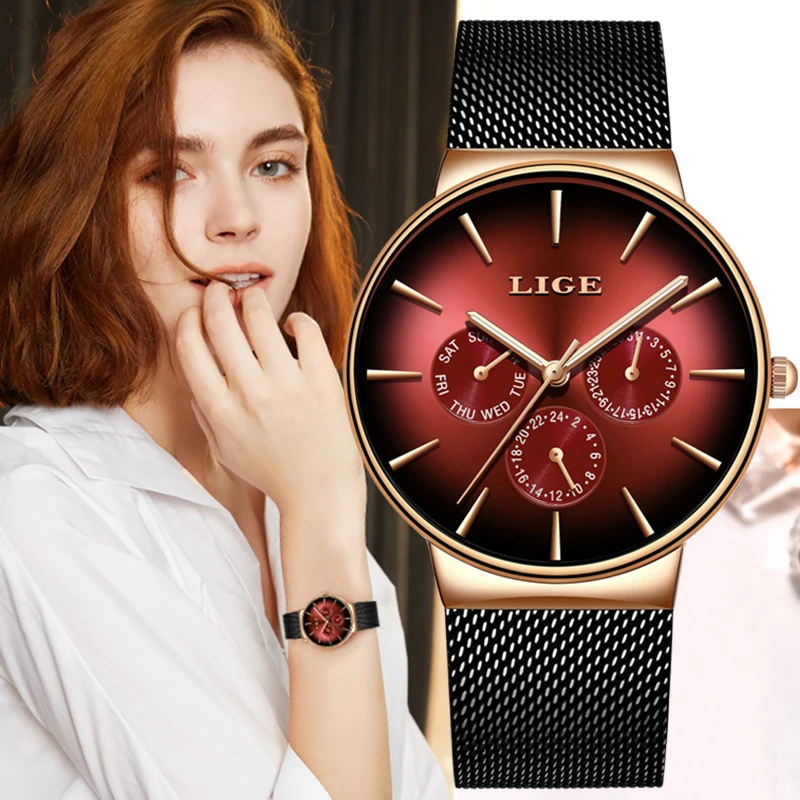 

LIGE Women Watches Top Brand Luxury Sport Watch Mesh Steel Date Week Waterproof Quartz Watch Ladies Clock Montre Femme Gift+Box