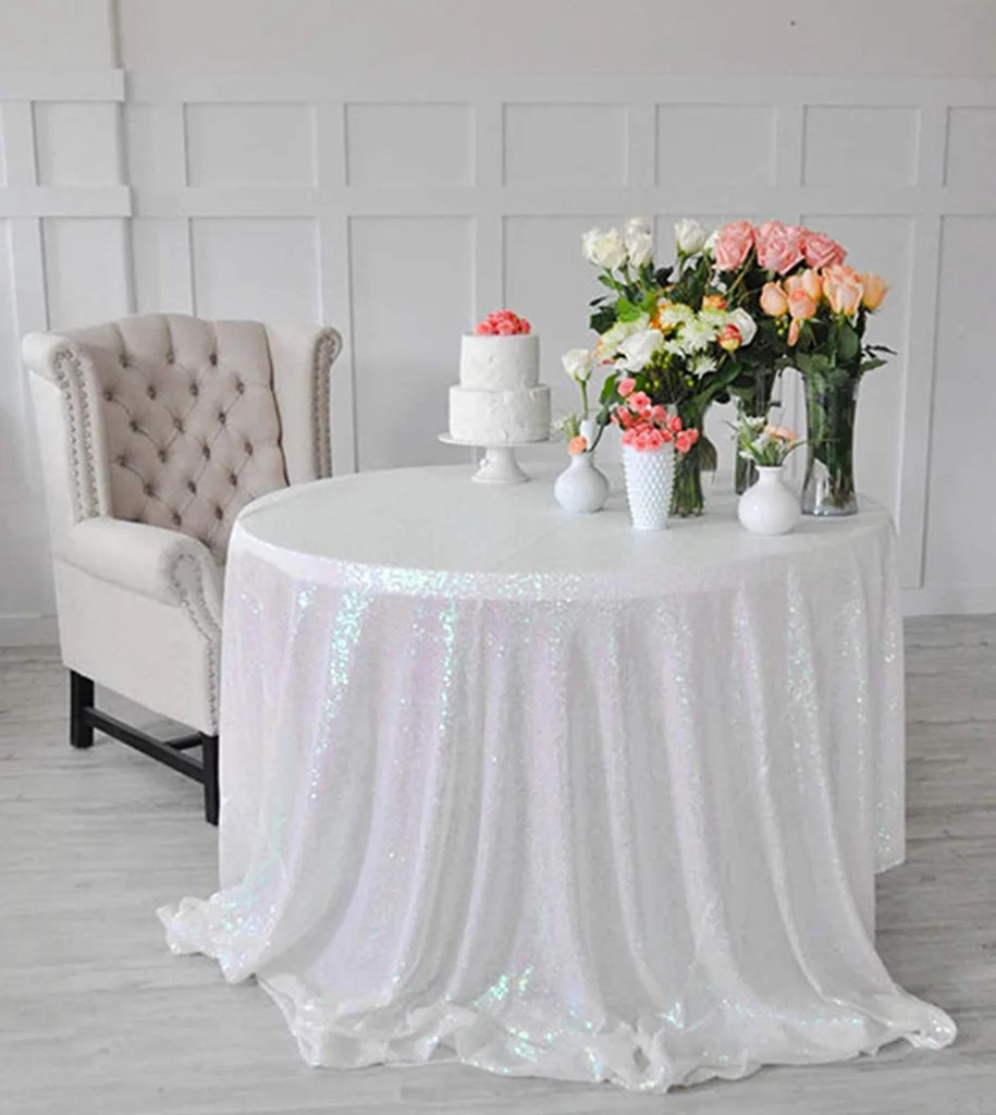 Белая круглая блестящая скатерть ShinyBeauty 5ft change для вечеринки R|sparkle tablecloth|table cloth