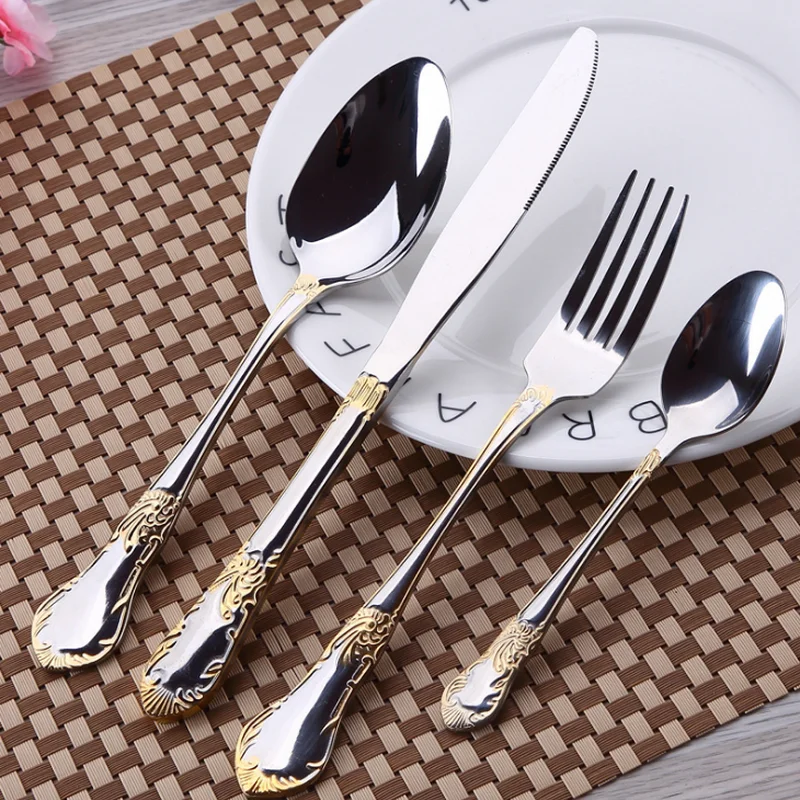 Позолоченный нож для стейка из нержавеющей стали вилка и ложка с цветочным