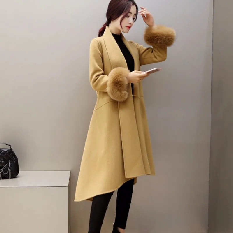 

Office Ladies Sashes Lace Up Wool Blends Coat Women Irregular Fashion Fur Sleeve Slim Fit Outwear Elegant Mid Long Coats Pink