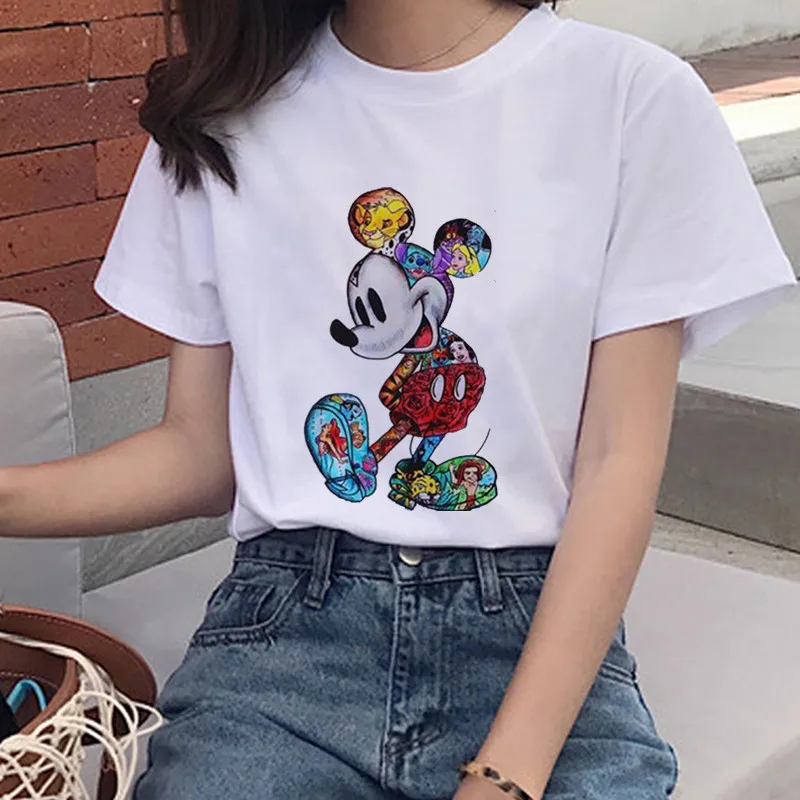 Harajuku/футболка с принтом мышки из мультфильма «Король Лев», модная футболка с круглым вырезом и короткими рукавами, белая рубашка, женская одежда