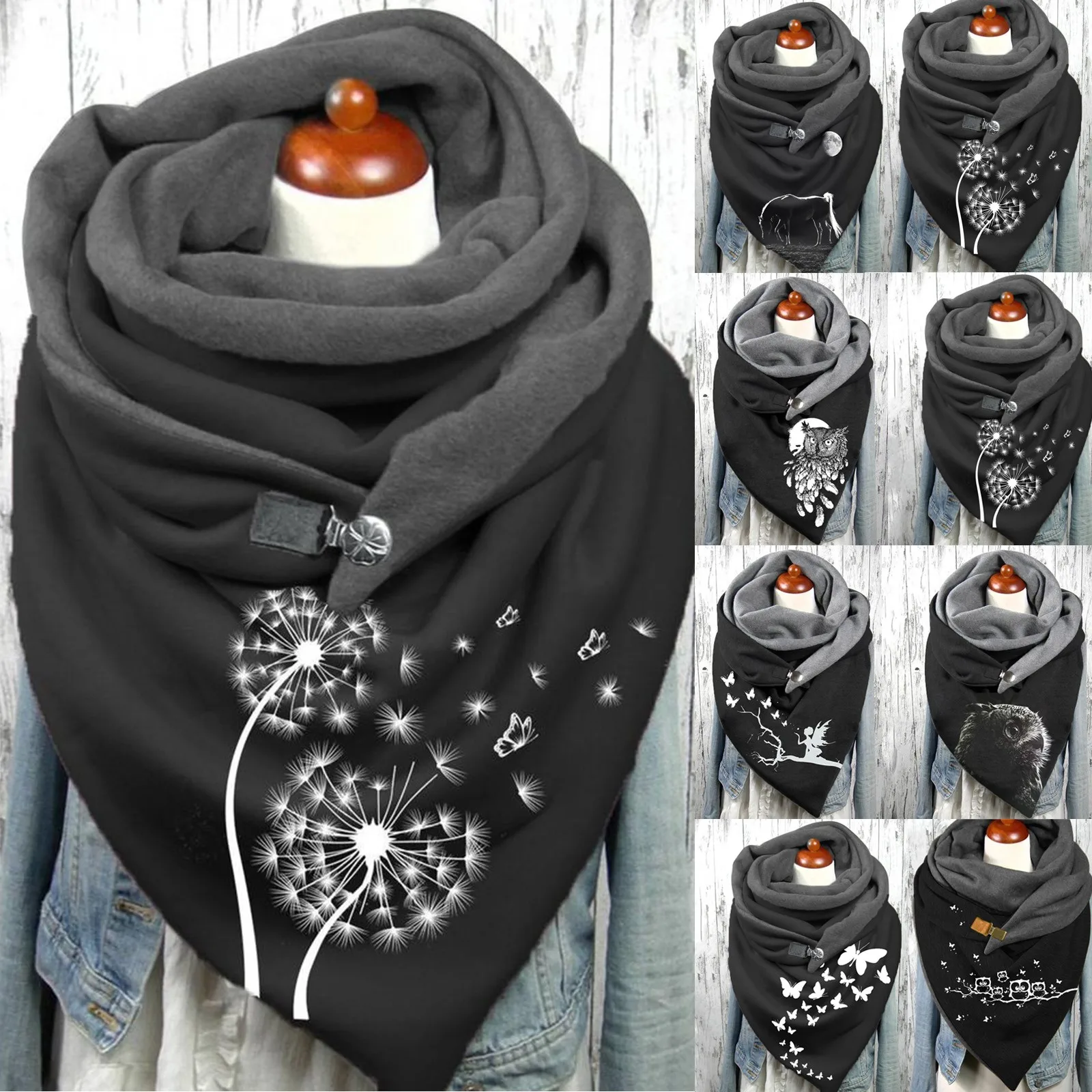 

Fashion Women Scarf Dandelion Butterfly Owl Print Button Soft Wrap Casual Warm Scarves Winter Adornment Shawls Bufanda De Mujer