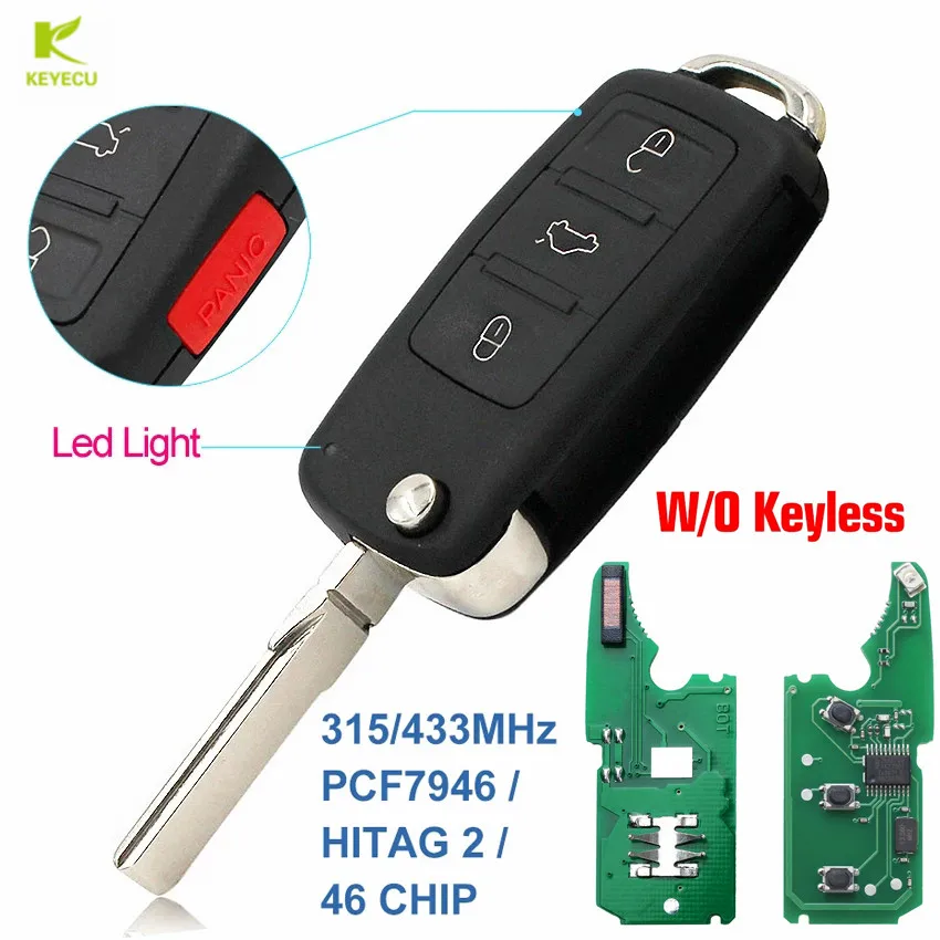 KEYECU 3+1Button Flip Remote Key Fob Without keyless 315 / 434MHz With ID46 Chip for Volkswagen Touareg 2004-2011 3D0959753AK