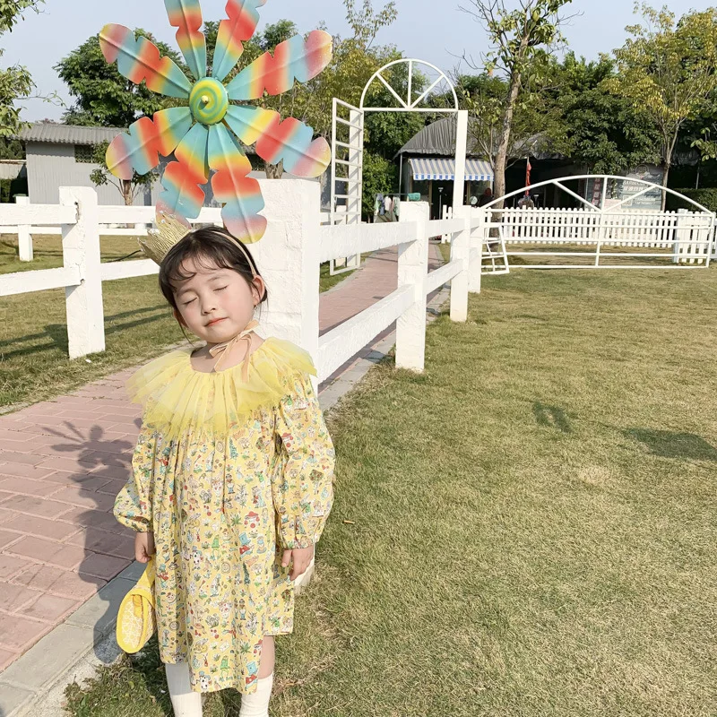 

Princess Dress Spring Fashion Printing Mesh Splicing Long Sleeve Kids Dresses for Girls 2 3 4 5 6 Y Baby Clothing New Arrival